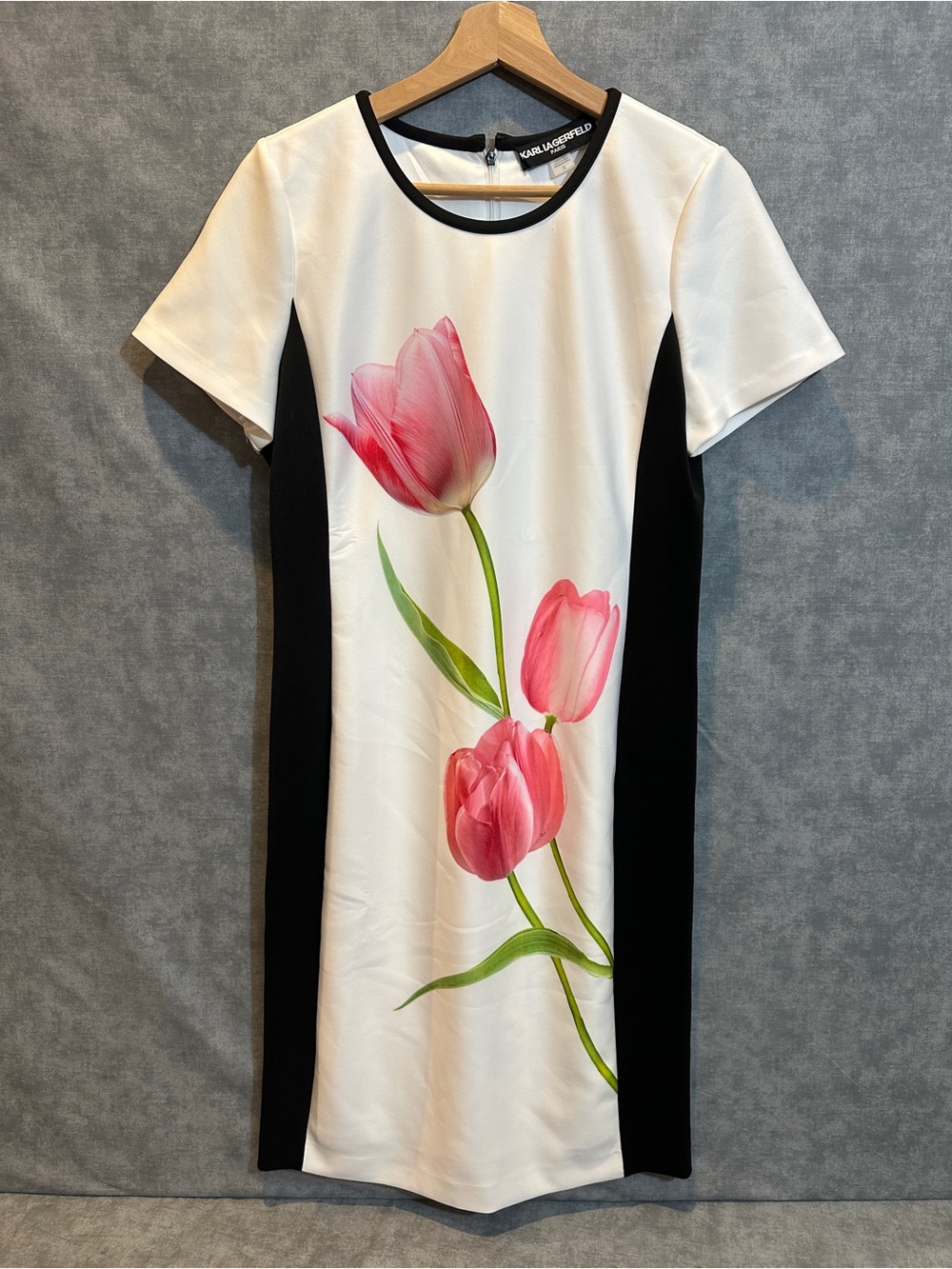 Karl Lagerfeld Women's Printed Short Sleeve Contrasting Sheath Dress Size 12